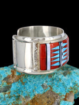 Sterling Silver Zuni Coral and Mother of Pearl Inlay Sunface Bracelet - PuebloDirect.com