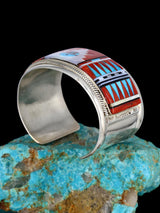 Sterling Silver Zuni Coral and Mother of Pearl Inlay Sunface Bracelet - PuebloDirect.com