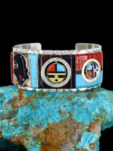 Sterling Silver Zuni Turquoise and Coral Inlay Sunface Bracelet - PuebloDirect.com