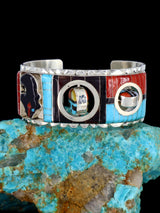 Sterling Silver Zuni Turquoise and Coral Inlay Sunface Bracelet - PuebloDirect.com