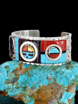 Sterling Silver Zuni Turquoise and Coral Inlay Sunface Bracelet - PuebloDirect.com