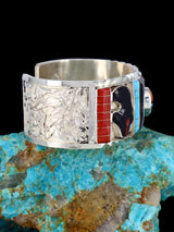 Sterling Silver Zuni Turquoise and Coral Inlay Sunface Bracelet - PuebloDirect.com