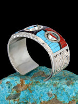 Sterling Silver Zuni Turquoise and Coral Inlay Sunface Bracelet - PuebloDirect.com