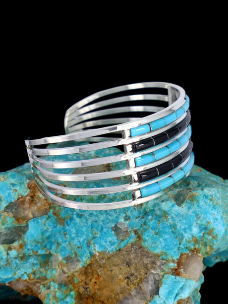 Native American Zuni Turquoise and Jet Inlay Bracelet - PuebloDirect.com