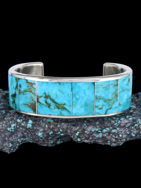 Zuni Inlay Sterling Silver Turquoise Cuff Bracelet - PuebloDirect.com