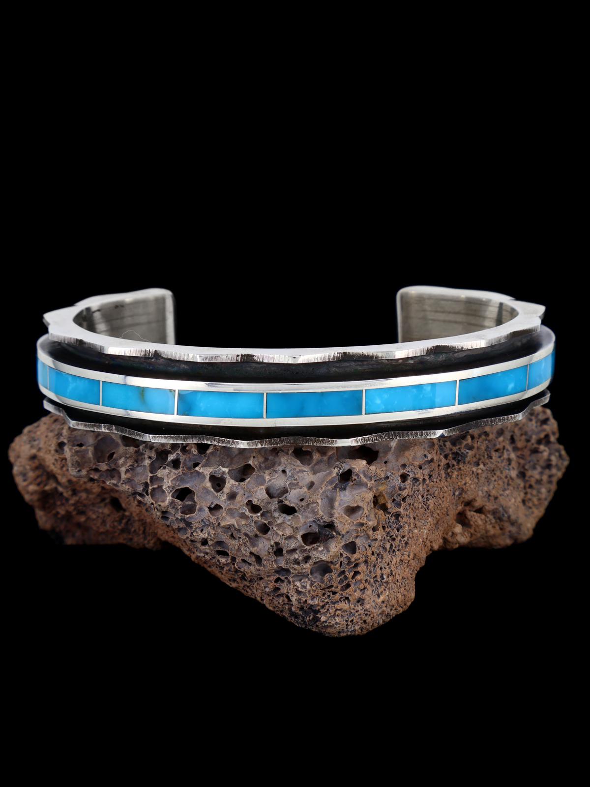 Zuni Inlay Sterling Silver Turquoise Cuff Bracelet - PuebloDirect.com