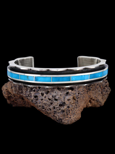 Zuni Inlay Sterling Silver Turquoise Cuff Bracelet - PuebloDirect.com