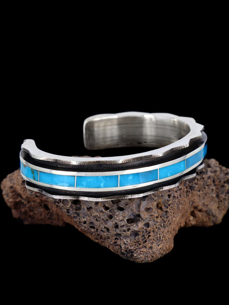 Zuni Inlay Sterling Silver Turquoise Cuff Bracelet - PuebloDirect.com