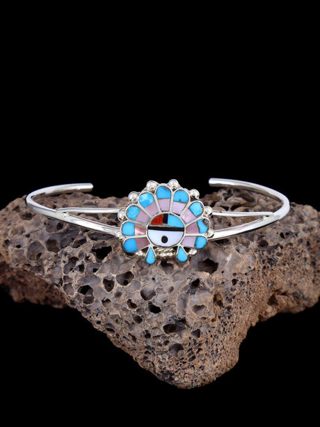 Sterling Silver Zuni Multistone Inlay Sunface Bracelet - PuebloDirect.com