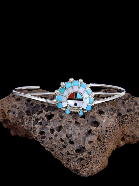 Sterling Silver Zuni Multistone Inlay Sunface Bracelet - PuebloDirect.com