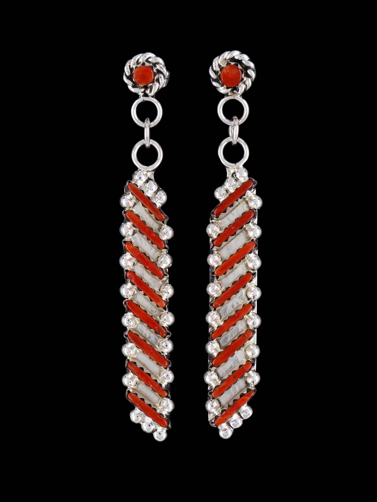 Native American Jewelry Coral Zuni Post Earrings - PuebloDirect.com