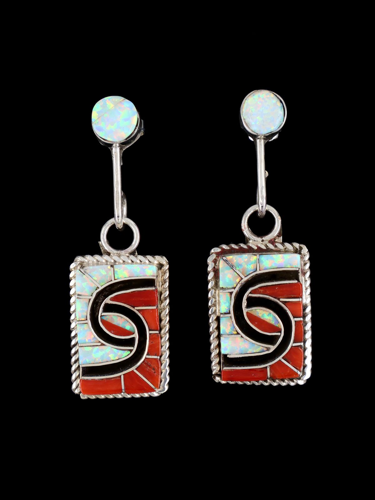 Sterling Silver Zuni Opalite and Coral Inlay Post Earrings - PuebloDirect.com