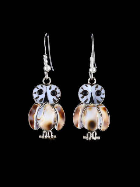 Shell Zuni Inlay Owl Dangle Earrings - PuebloDirect.com