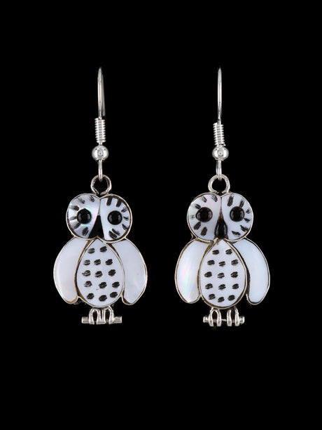 Mother of Pearl Zuni Inlay Owl Dangle Earrings - PuebloDirect.com