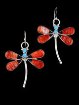 Spiny Oyster and Turquoise Inlay Dragonfly Dangle Earrings - PuebloDirect.com