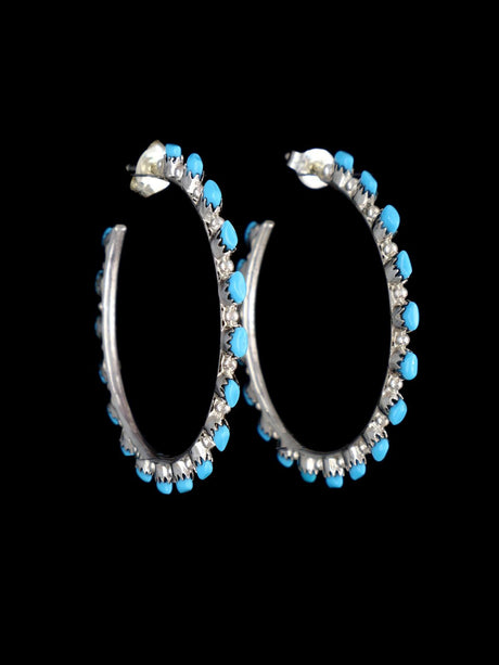 Zuni Sterling Silver Turquoise Hoop Post Earrings - PuebloDirect.com