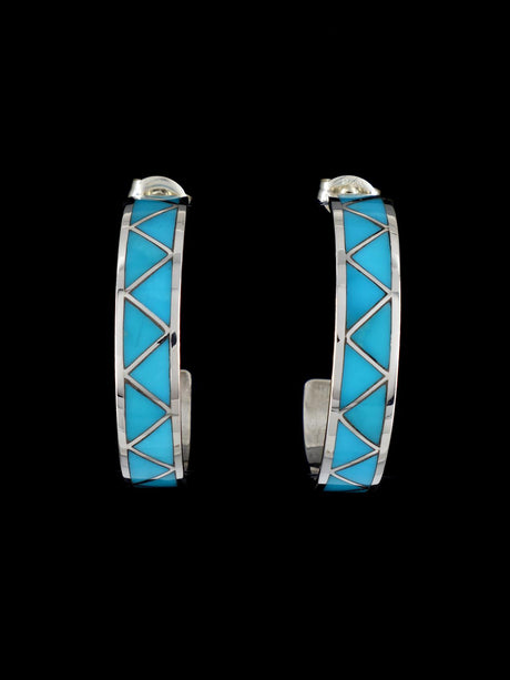 Zuni Sterling Silver Turquoise Inlay Hoop Post Earrings - PuebloDirect.com