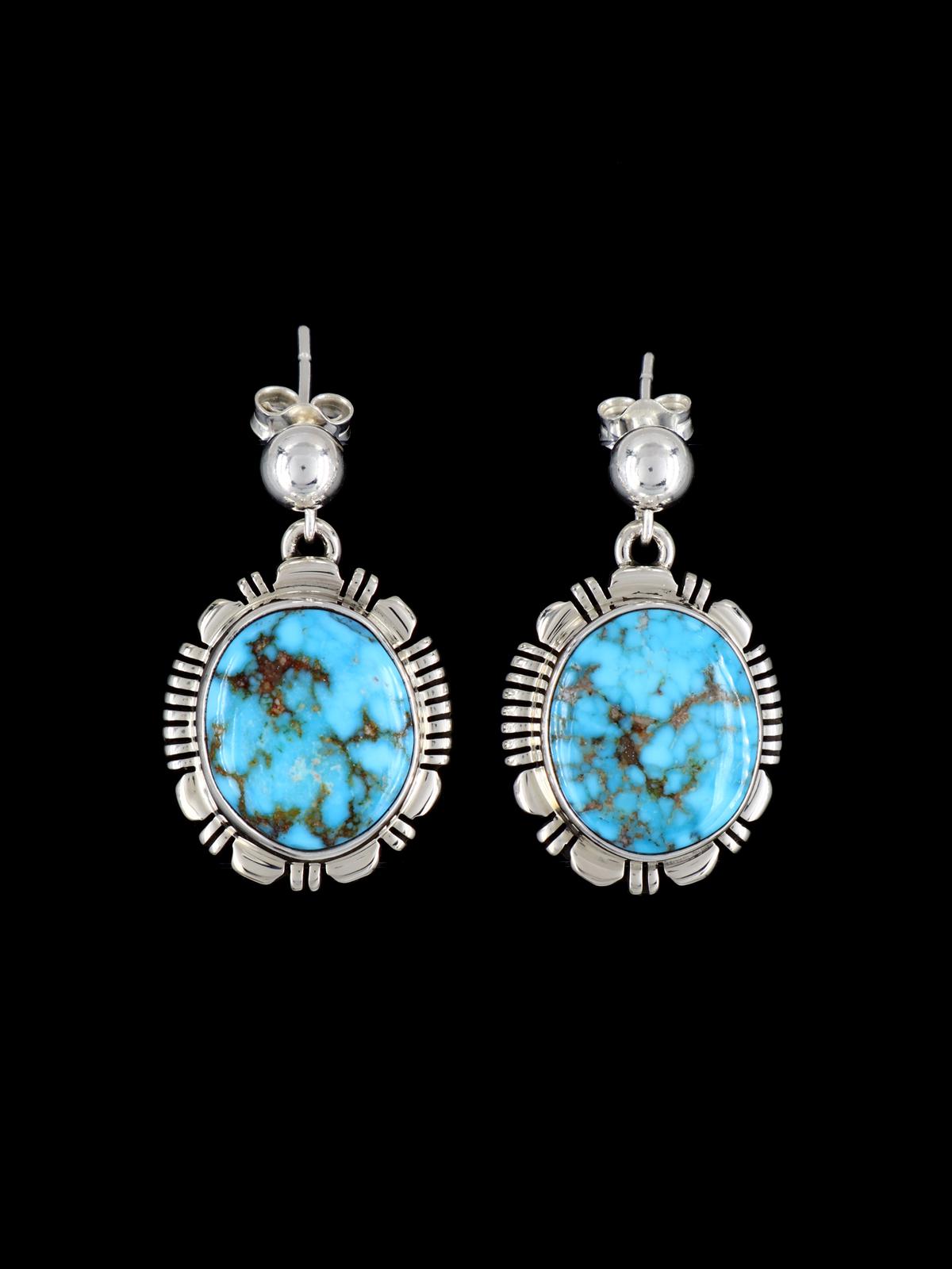 Native American Sterling Silver Kingman Turquoise Post Dangle Earrings - PuebloDirect.com