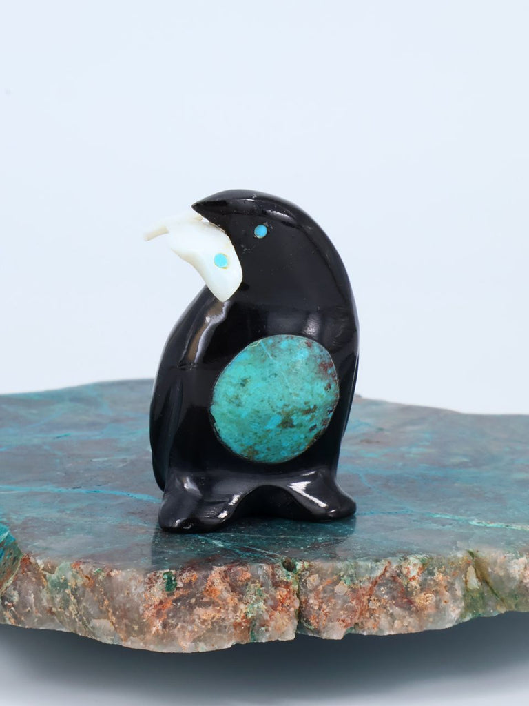 Black Marble Penguin With Fish Zuni Fetish - PuebloDirect.com