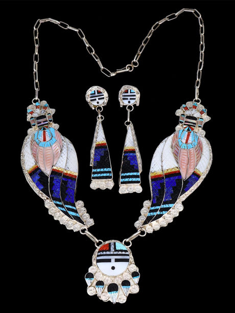 Sterling Silver Zuni Inlay Corn Maiden Necklace and Earrings Set - PuebloDirect.com