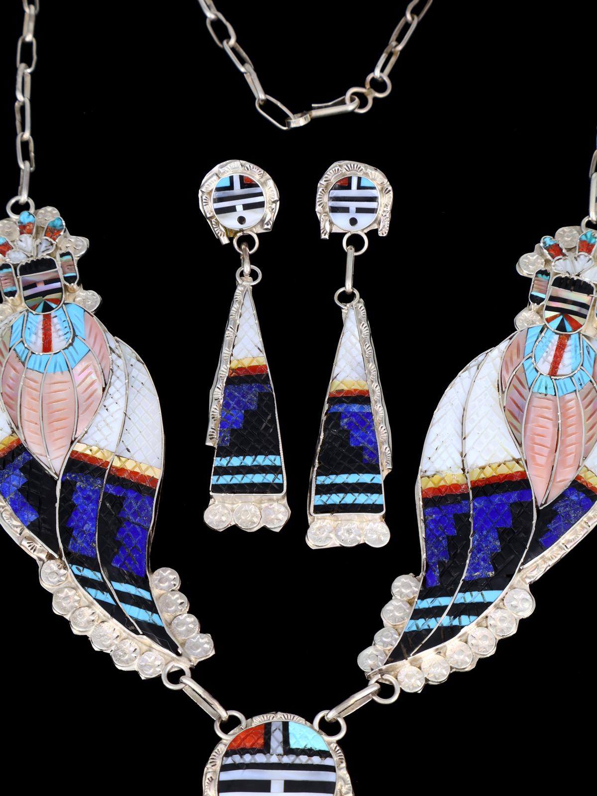 Sterling Silver Zuni Inlay Corn Maiden Necklace and Earrings Set