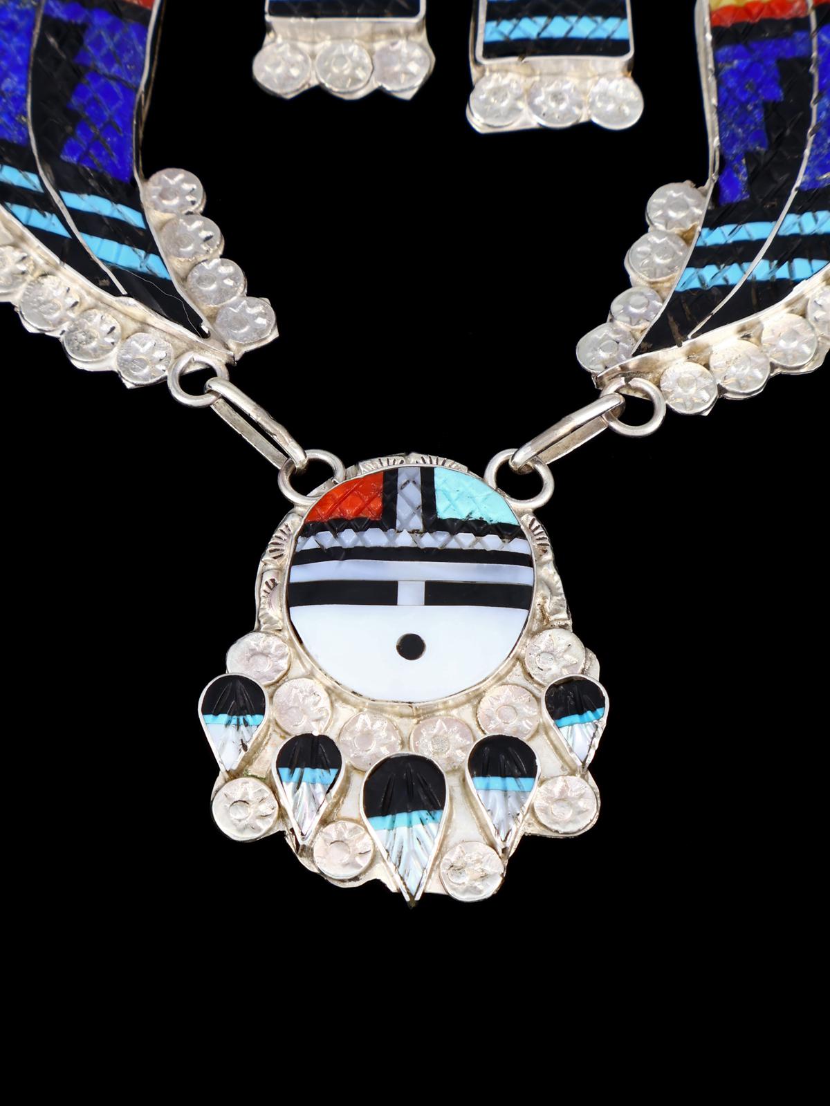 Sterling Silver Zuni Inlay Corn Maiden Necklace and Earrings Set