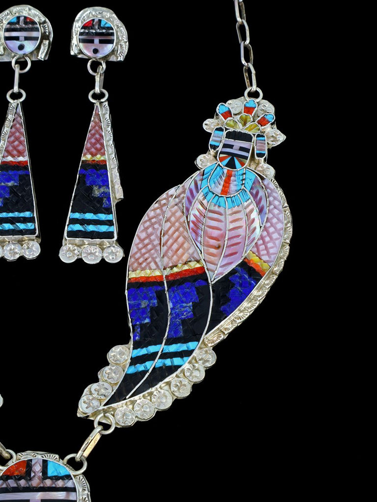 Sterling Silver Zuni Inlay Sunface Kachina Necklace and Earrings Set - PuebloDirect.com