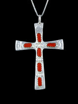 Sterling Silver Zuni Coral Cross Pendant - PuebloDirect.com