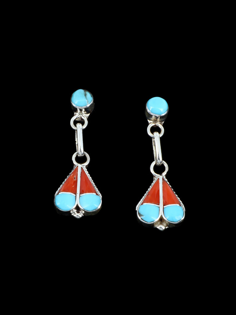 Native American Zuni Inlay Turquoise and Coral Heart Post Earrings - PuebloDirect.com