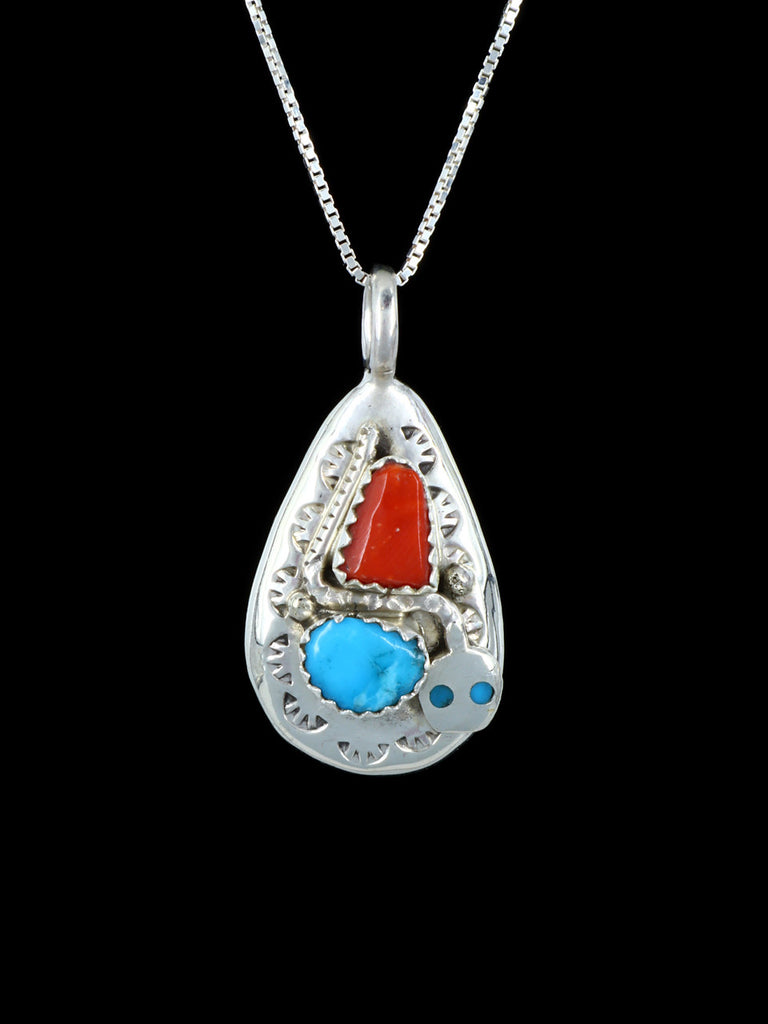 Zuni Jewelry Turquoise and Coral Snake Pendant - PuebloDirect.com