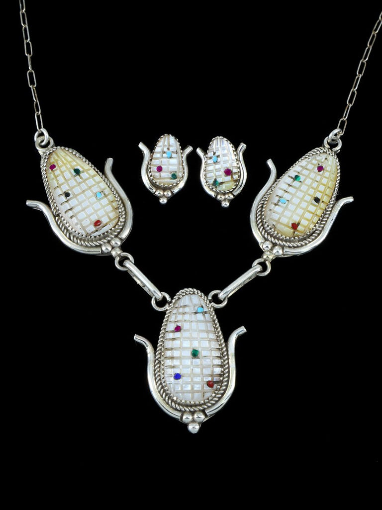 Mother of Pearl Sterling Silver Zuni Corn Necklace and Earrings Set - PuebloDirect.com