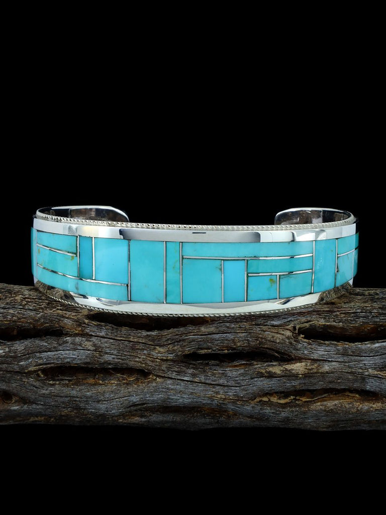 Sterling Silver Zuni Turquoise Inlay Cuff Bracelet - PuebloDirect.com