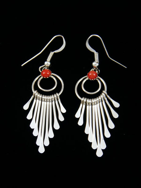 Navajo Sterling Silver Coral Waterfall Dangle Earrings - PuebloDirect.com