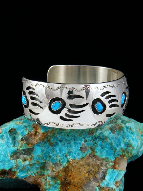 Navajo Turquoise Bear Paw Shadowbox Bracelet - PuebloDirect.com