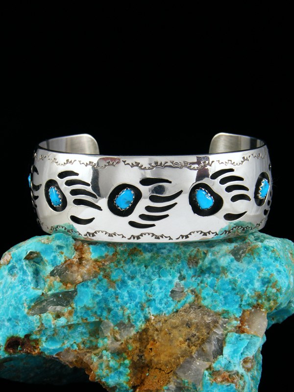 Navajo Turquoise Bear Paw Shadowbox Bracelet - PuebloDirect.com