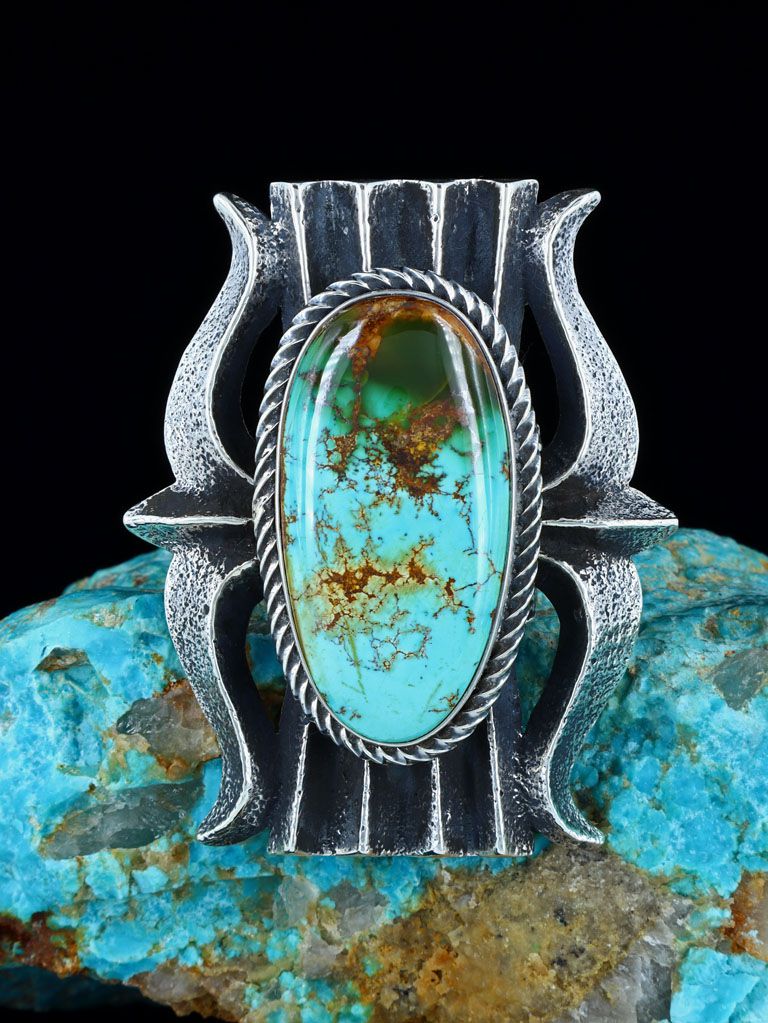 Large Navajo Tufa Cast Natural Royston Turquoise Ring Size 9.5 - PuebloDirect.com