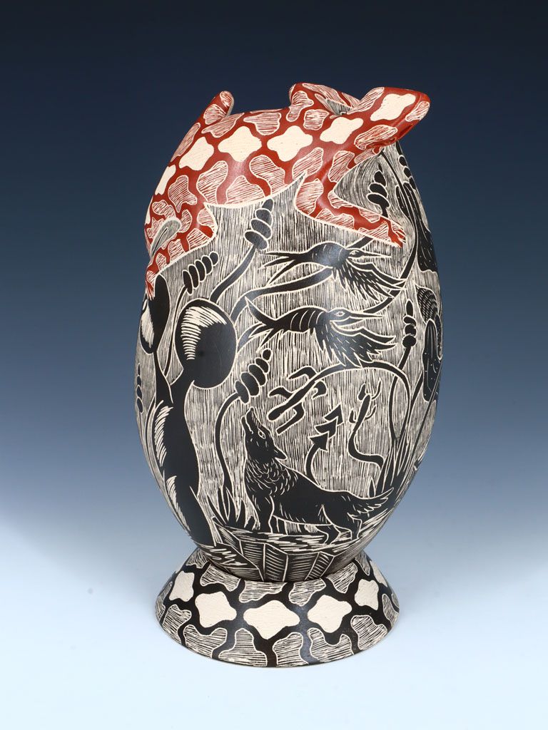 Large Mata Ortiz Hand Coiled Snake Effigy Pottery with Matching Stand - PuebloDirect.com