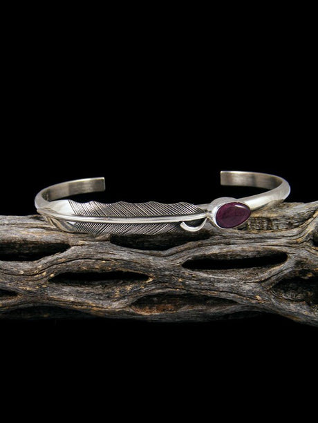 Native American Sterling Silver and Spiny Oyster Feather Bracelet - PuebloDirect.com