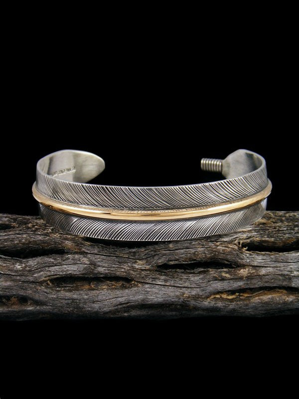 Native American Sterling Silver and 12kt Gold Feather Bracelet - PuebloDirect.com