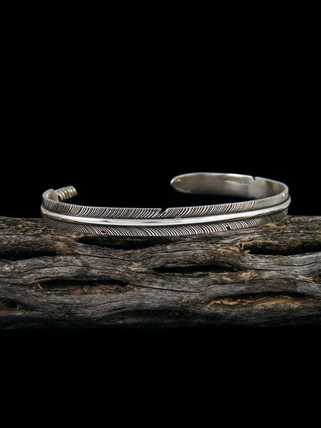 Medium Navajo Hand Cut Sterling Silver Feather Bracelet - PuebloDirect.com