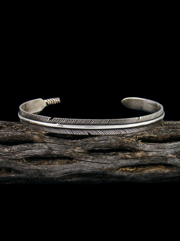 Medium Navajo Hand Cut Sterling Silver Feather Bracelet - PuebloDirect.com