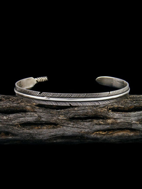 Medium Navajo Hand Cut Sterling Silver Feather Bracelet - PuebloDirect.com