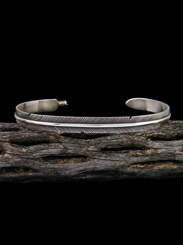 Large Navajo Hand Cut Sterling Silver Feather Bracelet - PuebloDirect.com