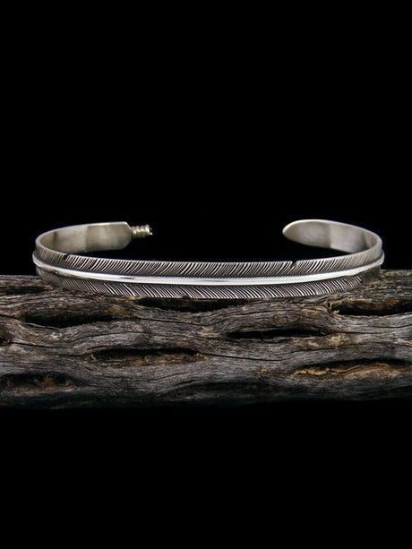Large Navajo Hand Cut Sterling Silver Feather Bracelet - PuebloDirect.com