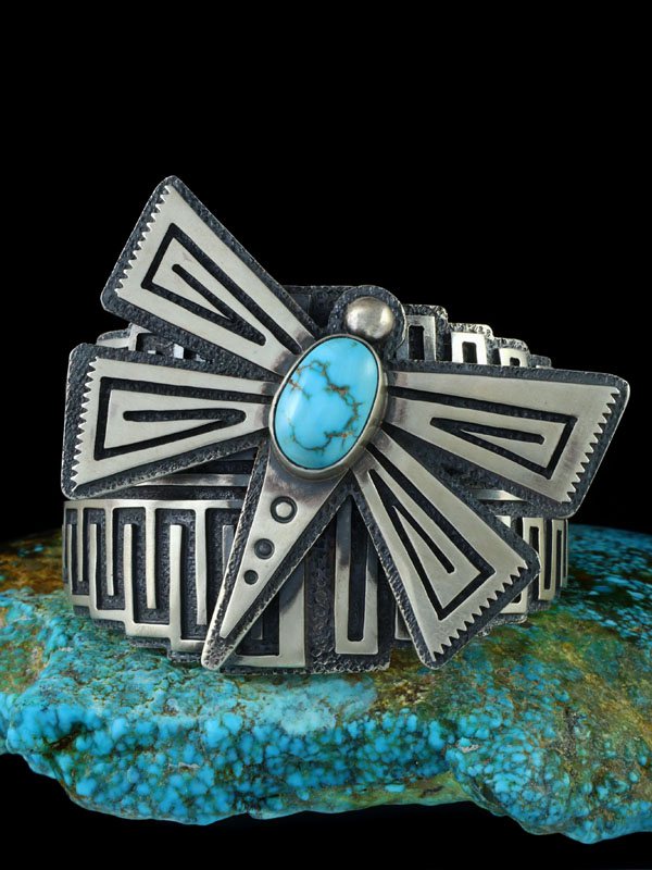 Navajo Dry Creek Turquoise Sterling Silver Dragonfly Cuff Bracelet - PuebloDirect.com
