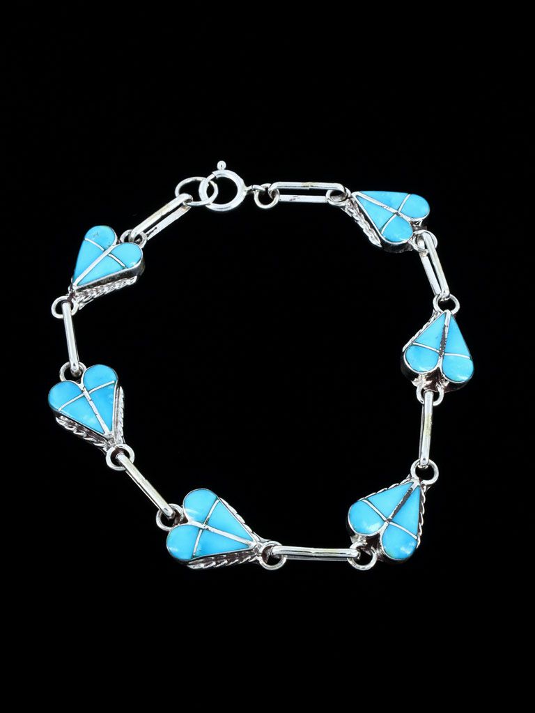 Native American Jewelry Zuni Inlay Turquoise Heart Link Bracelet
