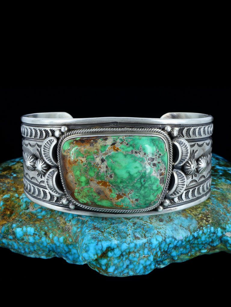 Navajo Natural Northern Lights Turquoise Stamped Cuff Bracelet - PuebloDirect.com