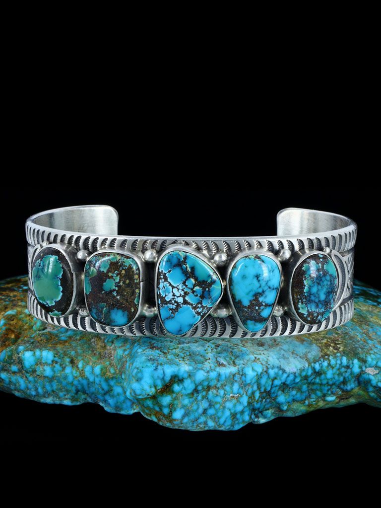 Native American Natural Cloud Mountain Turquoise Stamped Cuff Bracelet - PuebloDirect.com