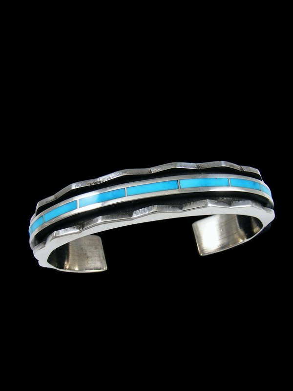 Zuni Inlay Sterling Silver Turquoise Cuff Bracelet - PuebloDirect.com