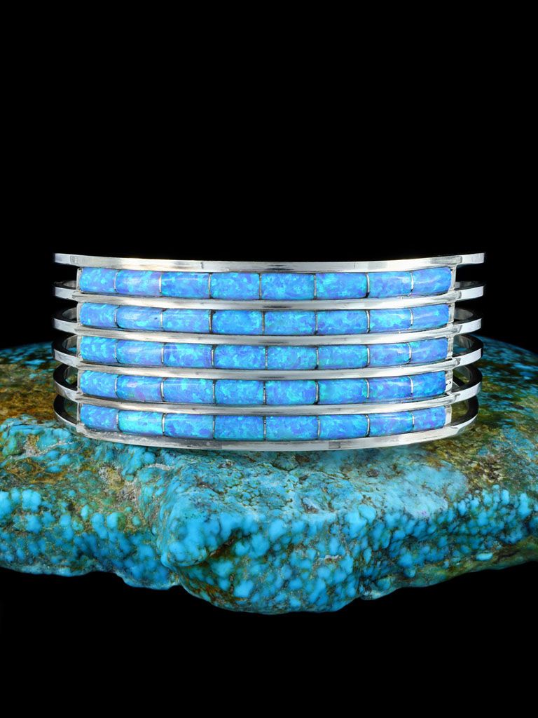 Native American Zuni Blue Opalite Inlay Bracelet - PuebloDirect.com